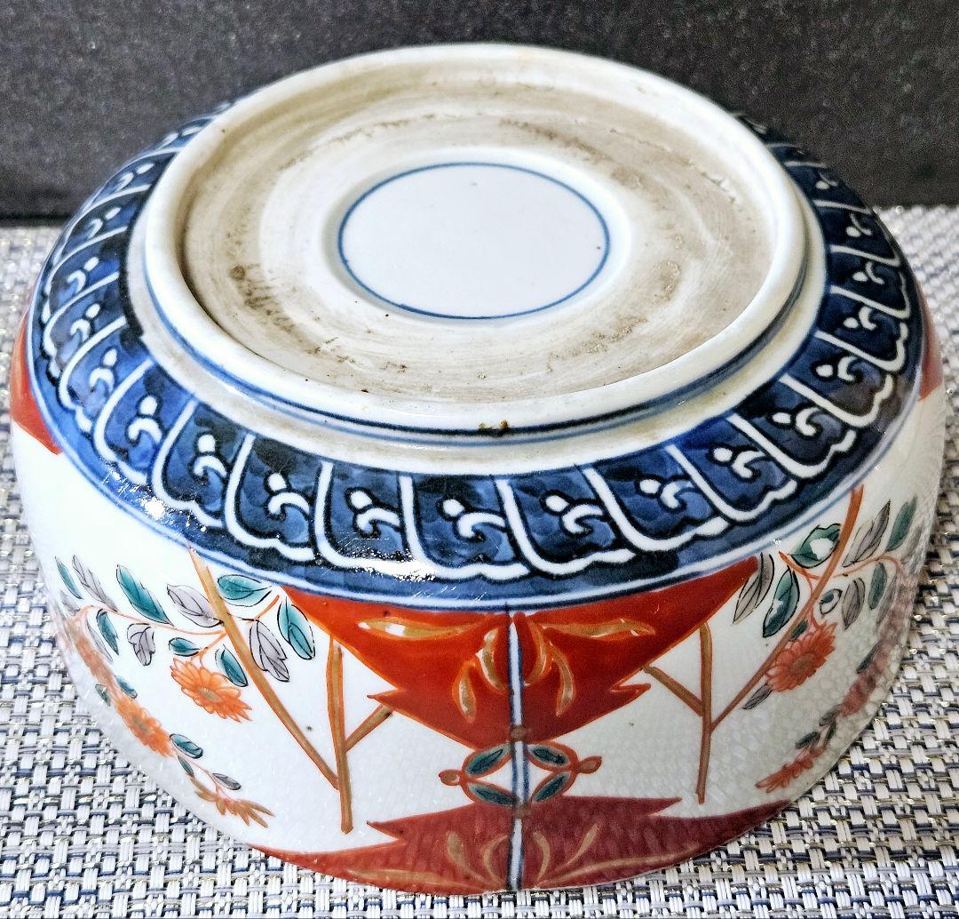 江戸時代末期〜明治時代初期　染錦　松竹梅に花籠に鳥の図　鉢　菓子鉢　16.2cm