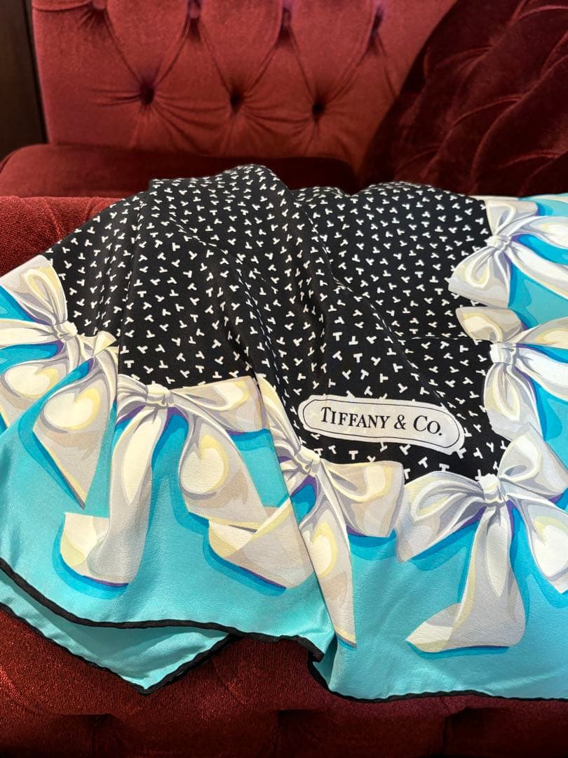 Tiffany & Co. スカーフ リボン柄 ブラック ティファニーブルー大判