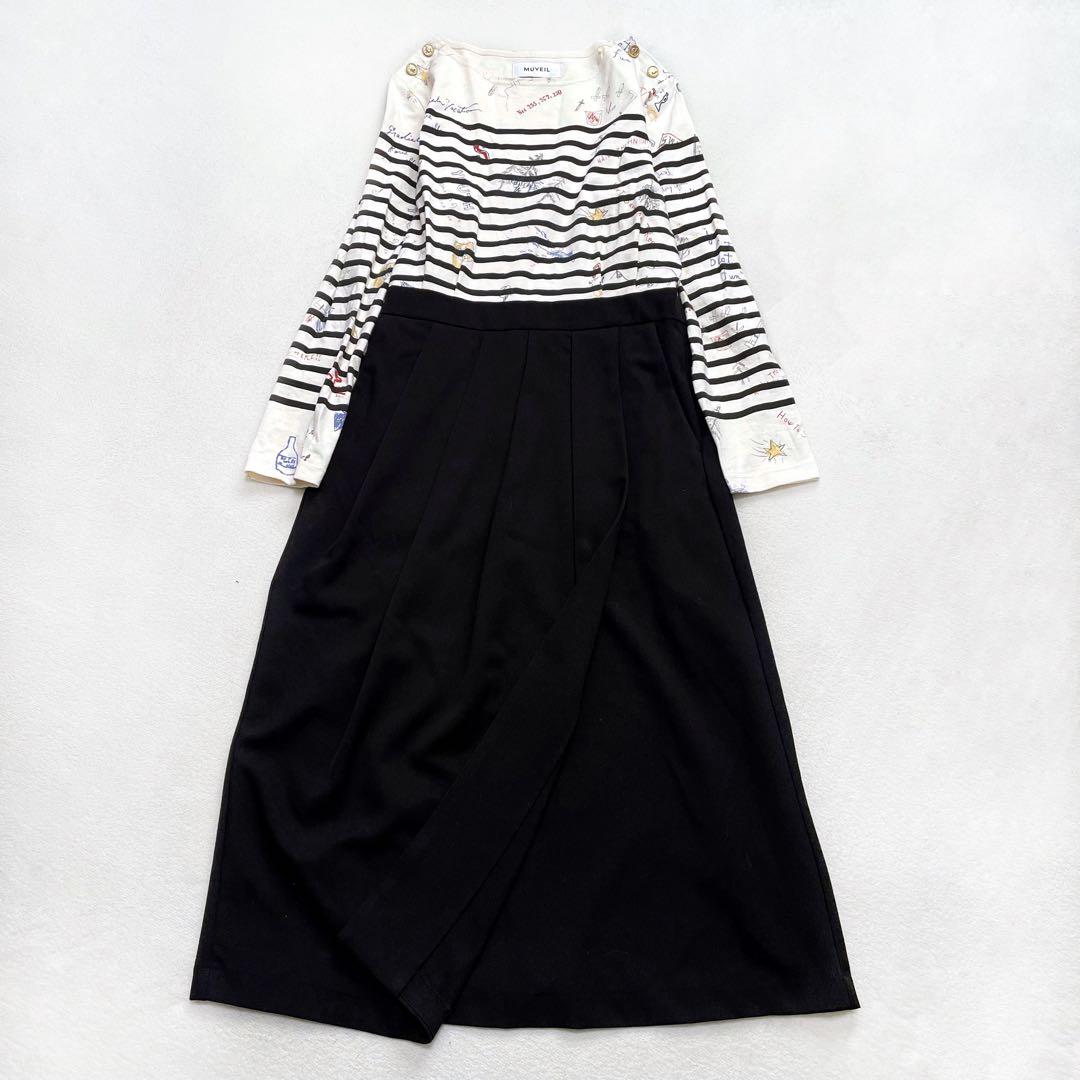 ミュベール 落書きプリントコンビワンピース 40 金ボタン ラップデザイン