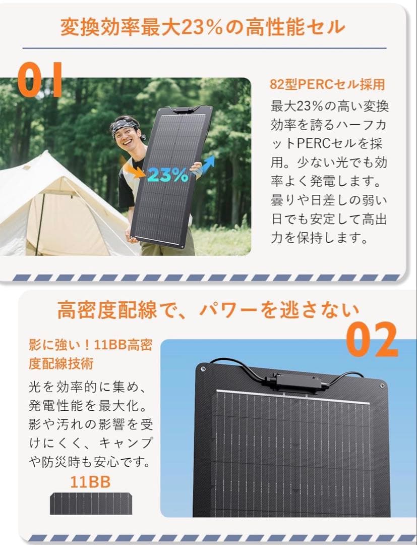 フレキシブルソーラーパネル 100W PERC 11BB ソーラーパネル