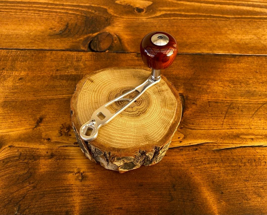 ウッドノブ　リールハンドル　パワーゲーム　ラウンドノブ付　ローズウッド　シルバー