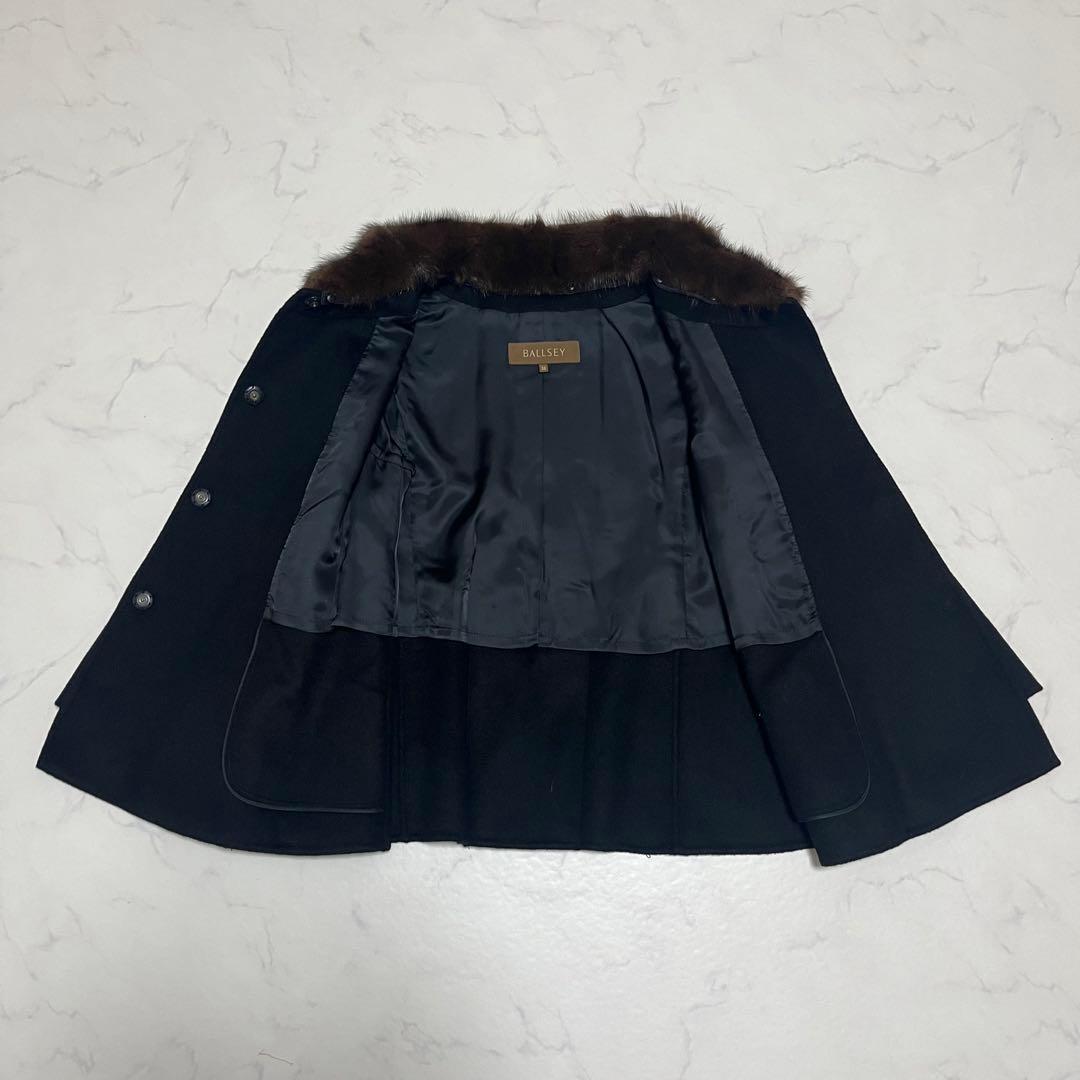 美品　ボールジィ ポンチョ風コート　カシミヤ混 ファー取り外し可能　黒　38