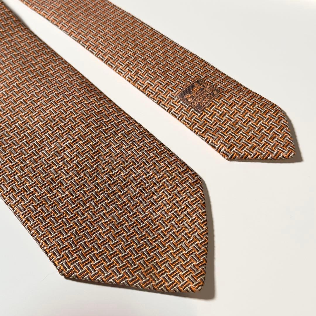 【美品】 HERMES エルメス H柄 ファソネ オレンジ系 ネクタイ
