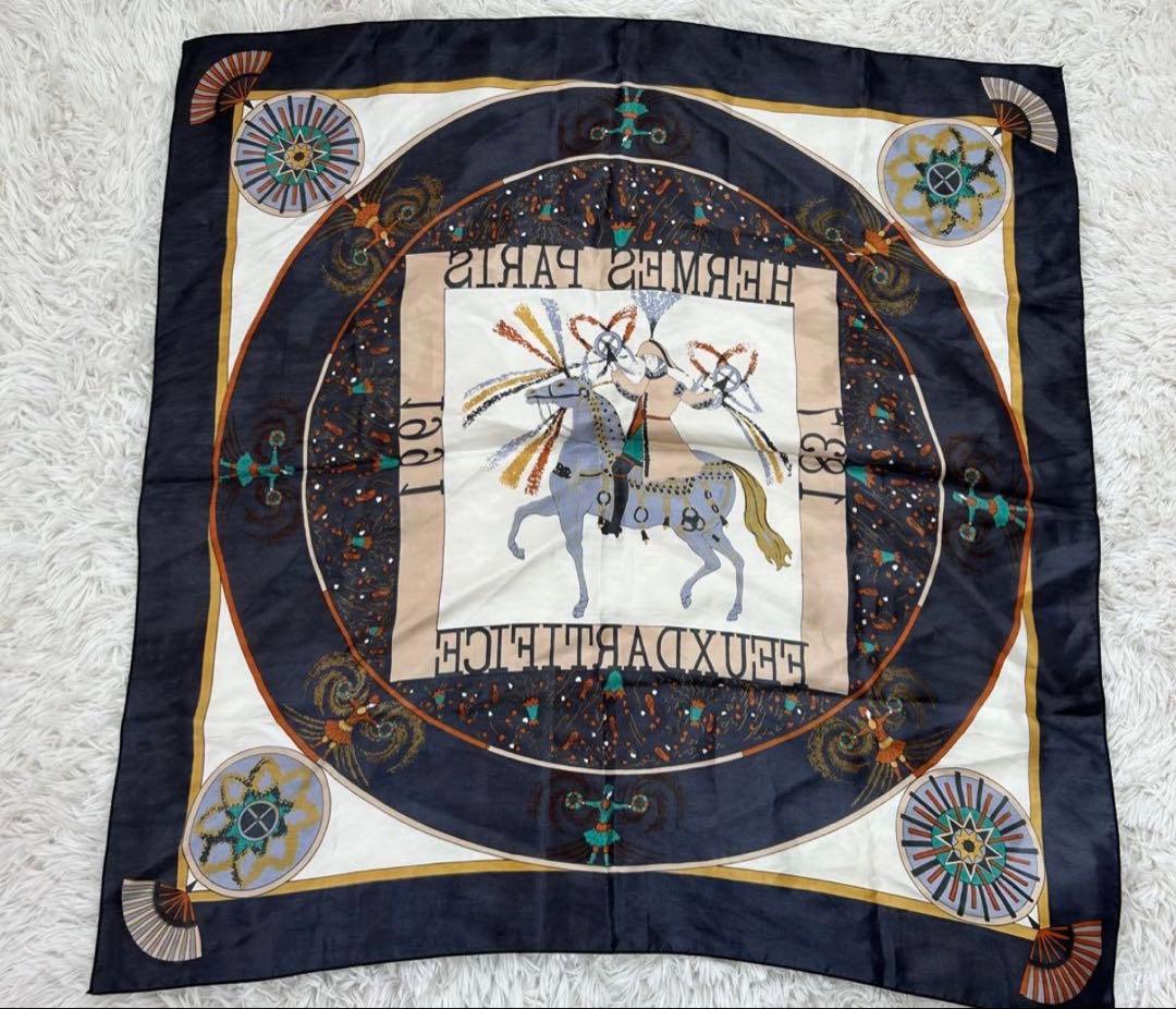 HERMES スカーフ　ヴィンテージ　ネイビー　大判　シルク　タグ無し