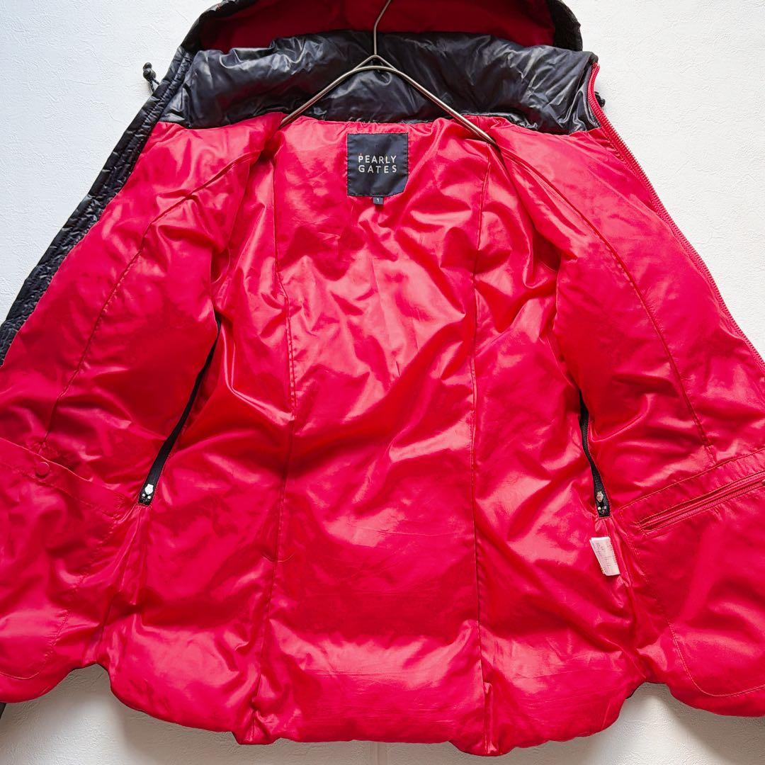 PEARLY GATES ダウンジャケット 紺　赤 刺繍ロゴ フード