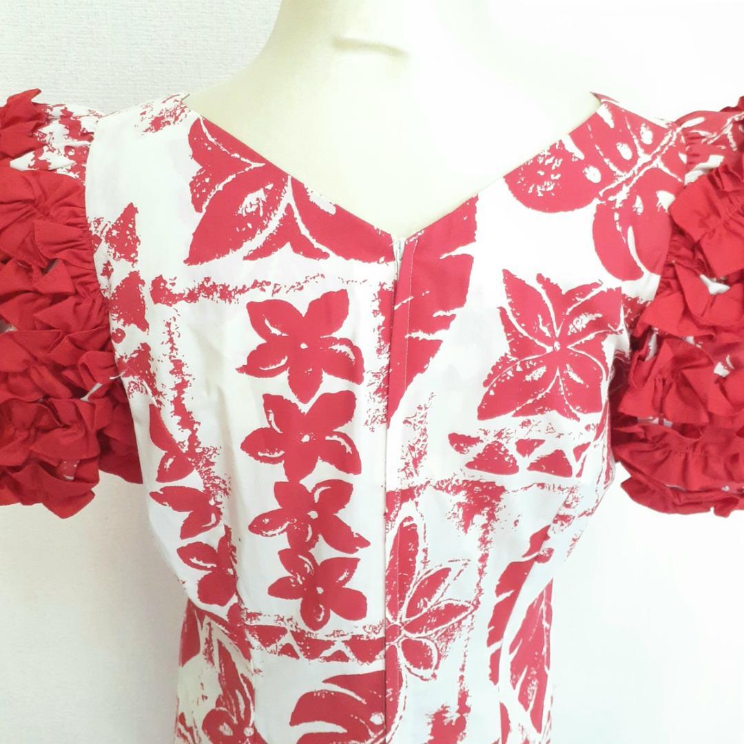 美品◎メネフネプランテーション フラダンス用ドレス レッド 赤 ホワイト 白