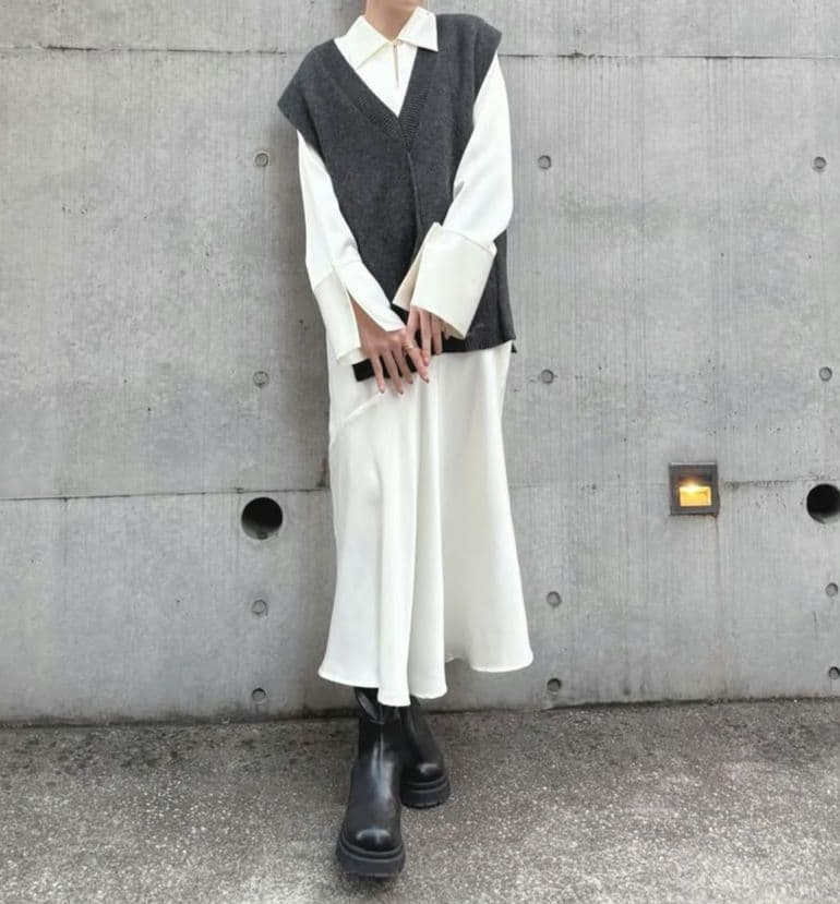 KNIT VEST SET SATIN DRESS　AMERI vintage