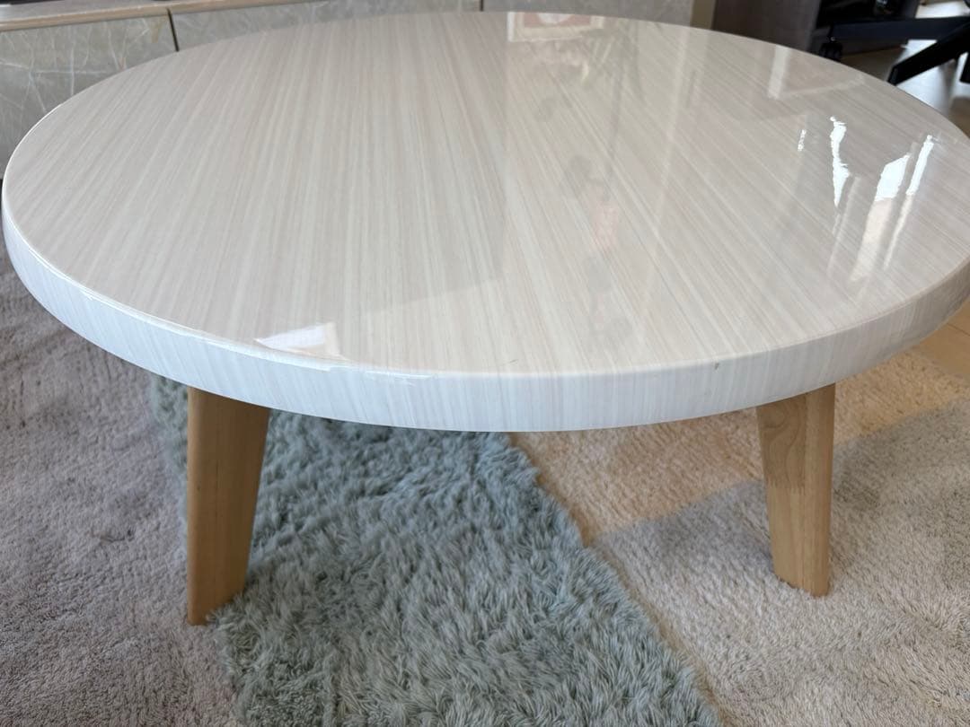 【美品】tac INTERIOR 円形 木目 鏡面仕上げ ローテーブル ホワイト