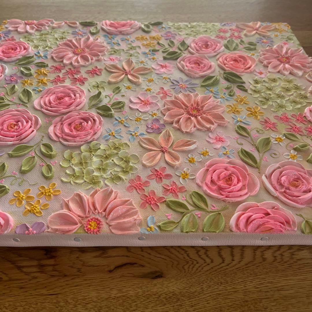 原画　花柄　アクリル絵画 テクスチャーアート ピンク フラワー　ボタニカル