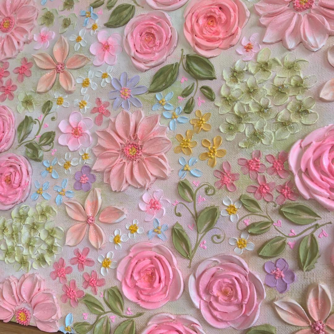 原画　花柄　アクリル絵画 テクスチャーアート ピンク フラワー　ボタニカル
