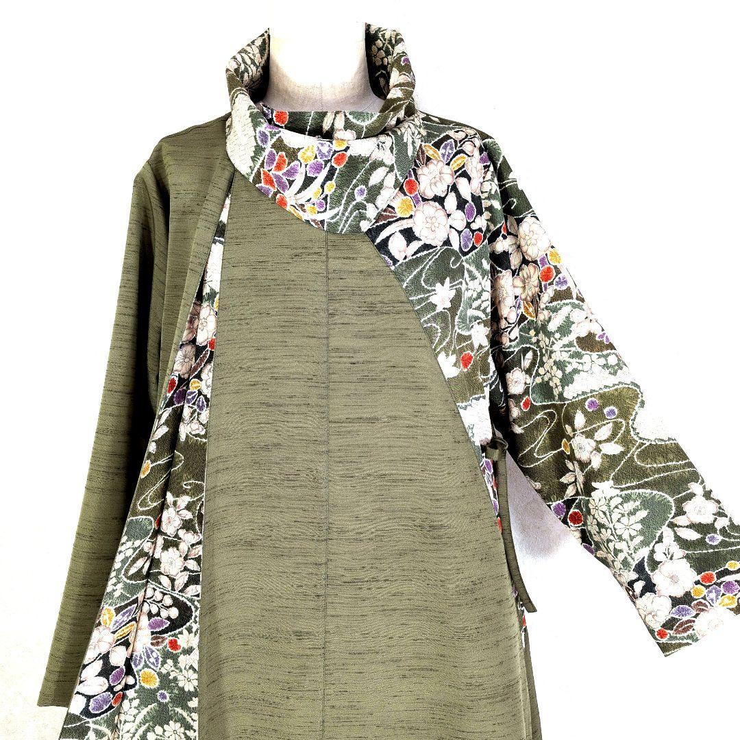 317　手染め大輔　着物リメイク　紬と縮緬辻ヶ花　ワンピース　L〜フリーサイズ