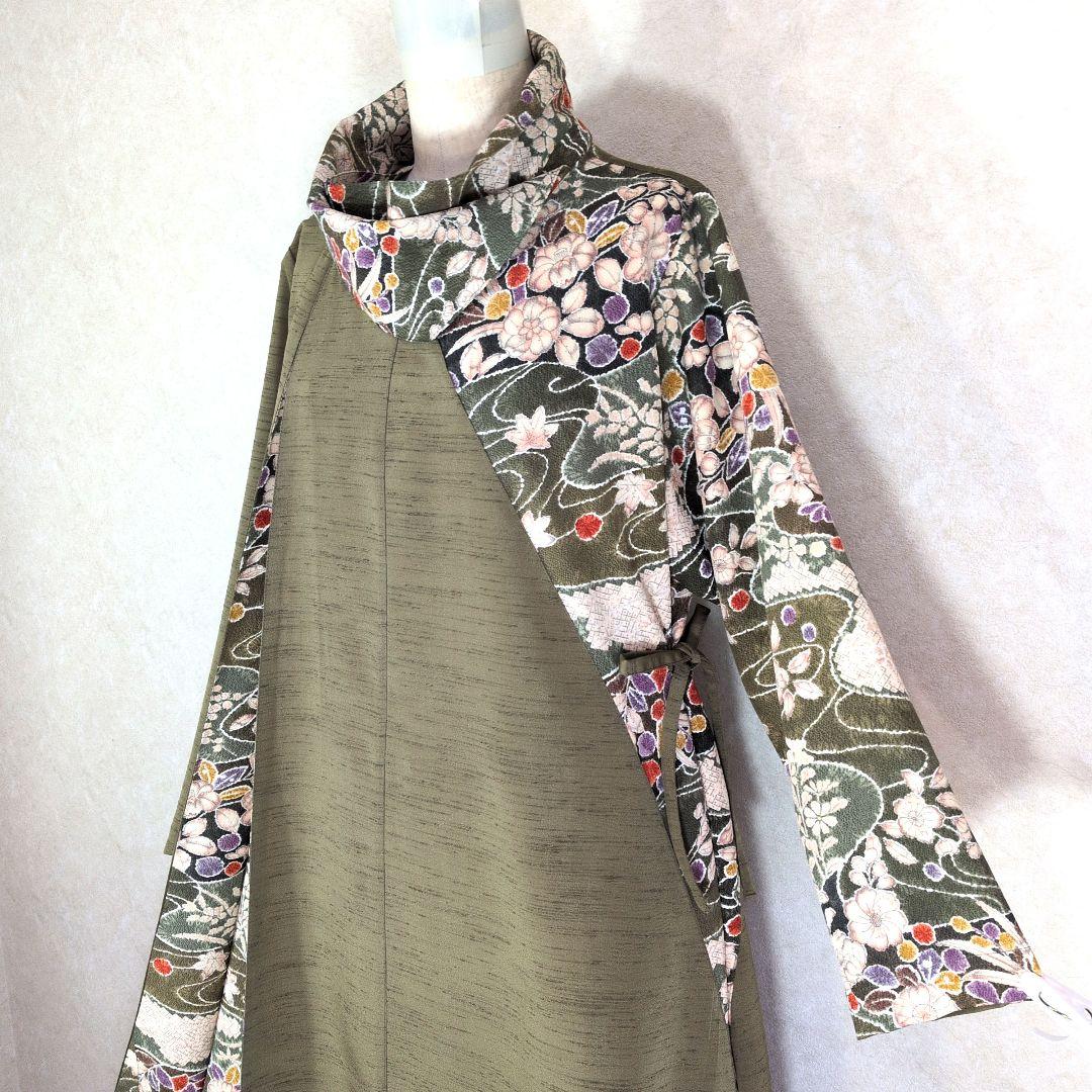 317　手染め大輔　着物リメイク　紬と縮緬辻ヶ花　ワンピース　L〜フリーサイズ