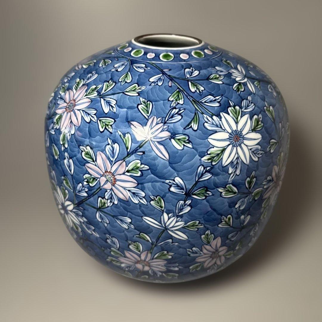 村上玄輝　染錦花草文様　花瓶　圧倒的な存在感　高さ27cm 胴径27cm　本人作