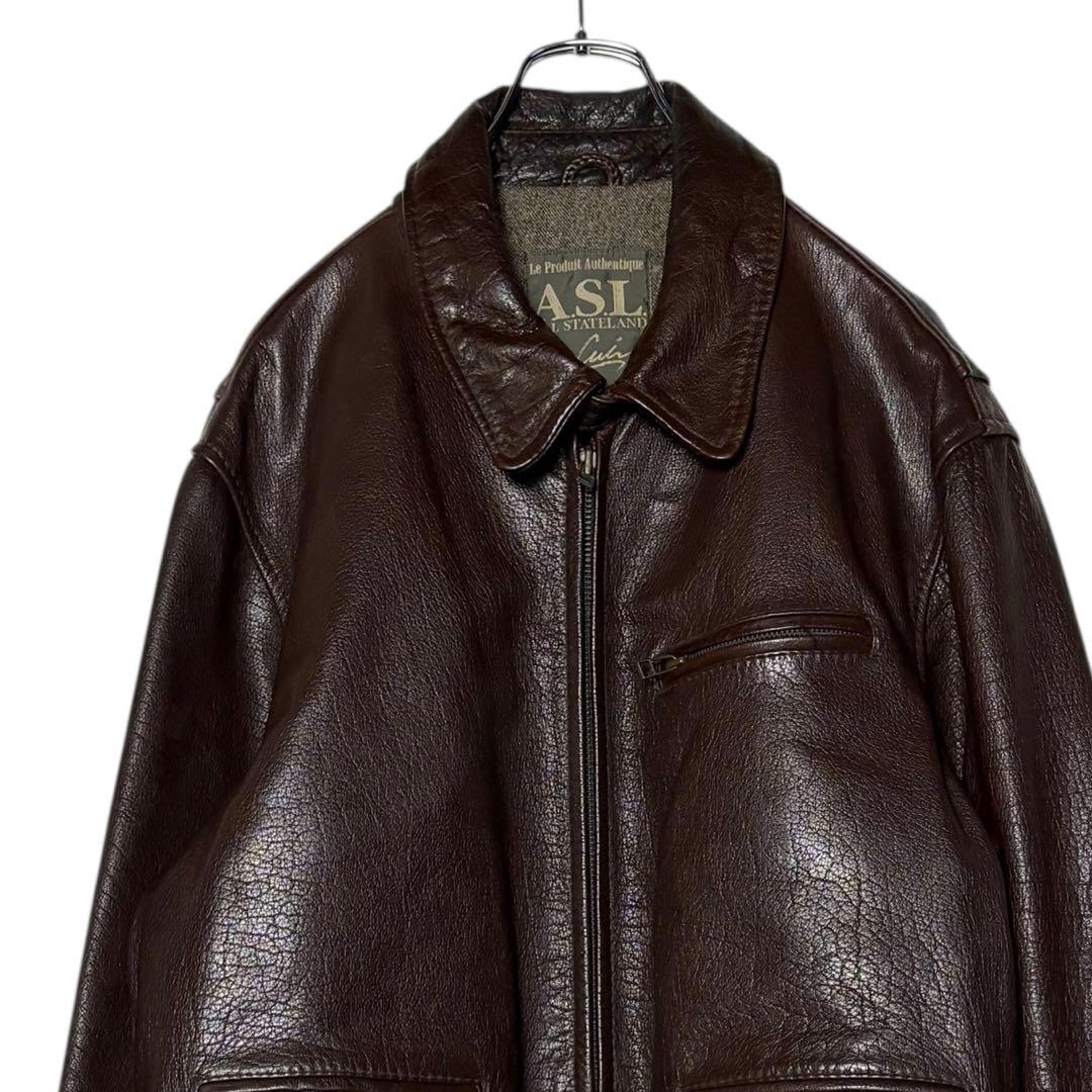 レトロ古着 ASL牛革レザージャケット 茶色 L 肉厚 革ジャン ライダース