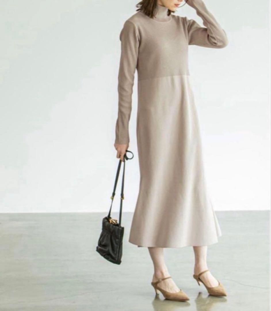 NOBLE カラーブロックニットワンピース　ベージュ