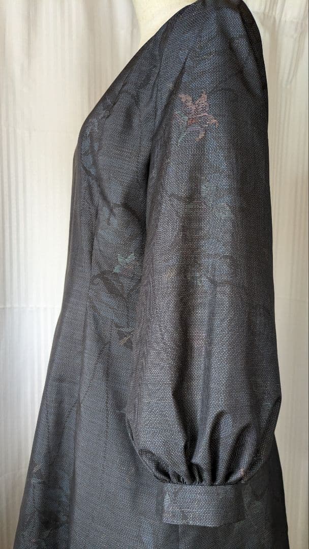 No249大島紬着物リメイク 藍大島　パフスリーブ　プリンセスラインワンピ