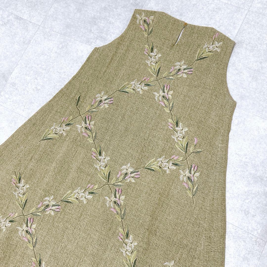 未使用級✨ 45R ギマツイード 刺繍 ワンピース ノースリーブ 花柄 R刺繍