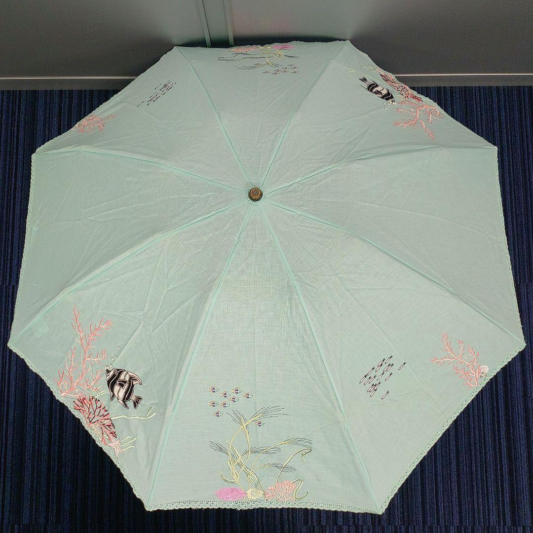 ルルギネス 折りたたみ 刺繍 日傘 エメラルドグリーン