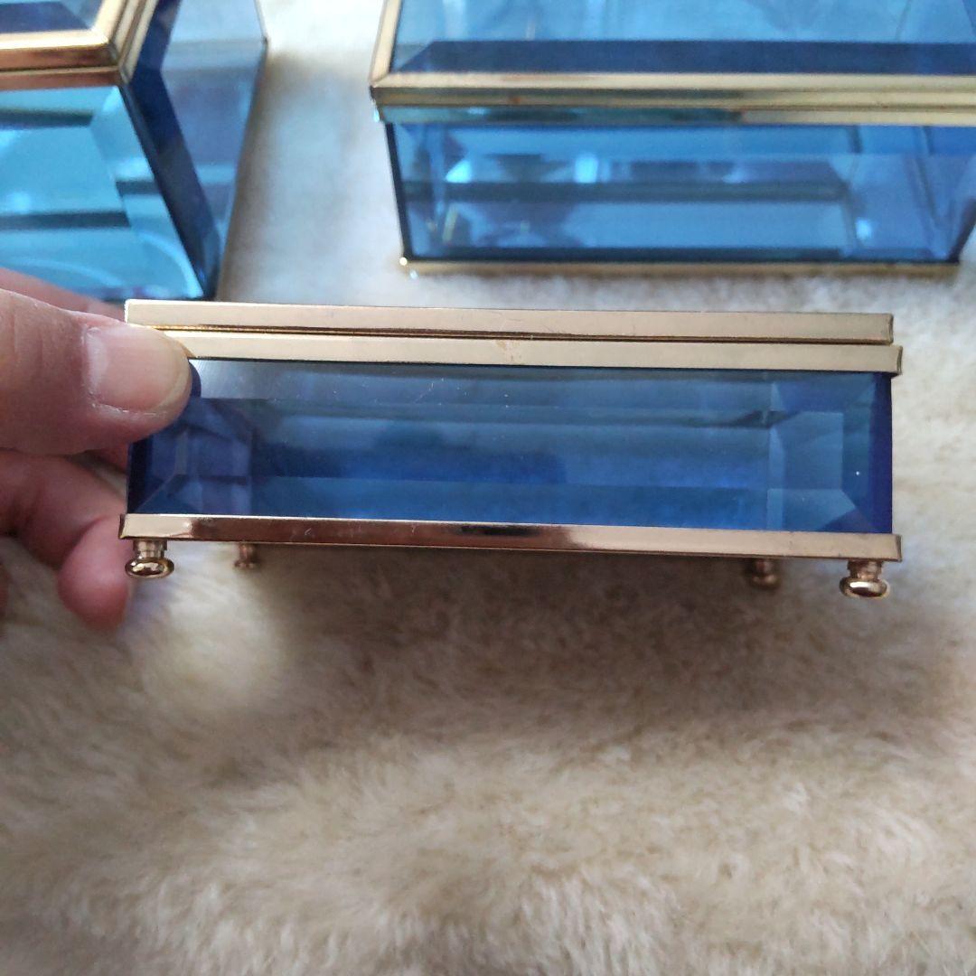 最終値下げ　昭和　レトロガラス小物入れ　ブルーガラス　ジュエリーボックス　3個組