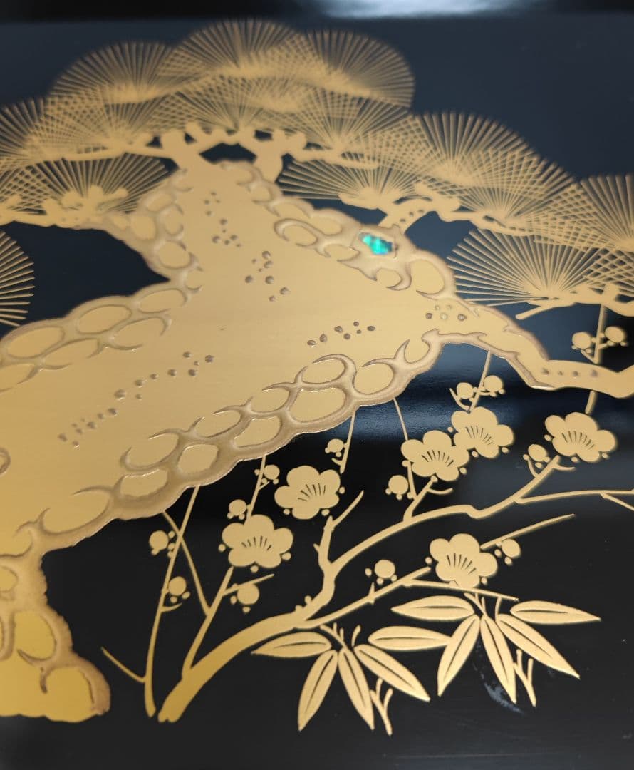 会津塗 三段重 屠蘇器 黒金松