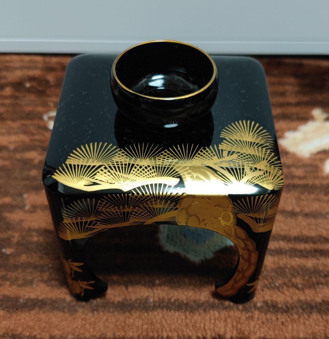 会津塗 三段重 屠蘇器 黒金松