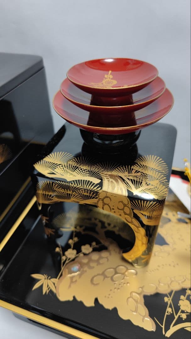 会津塗 三段重 屠蘇器 黒金松