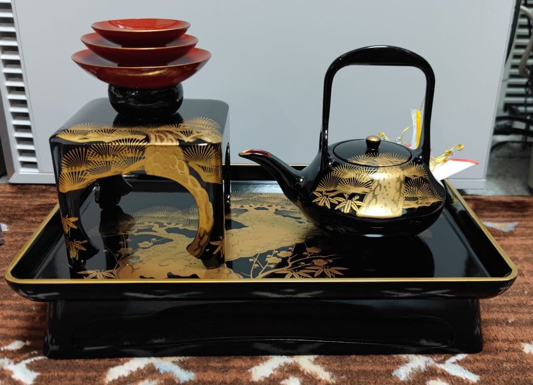会津塗 三段重 屠蘇器 黒金松