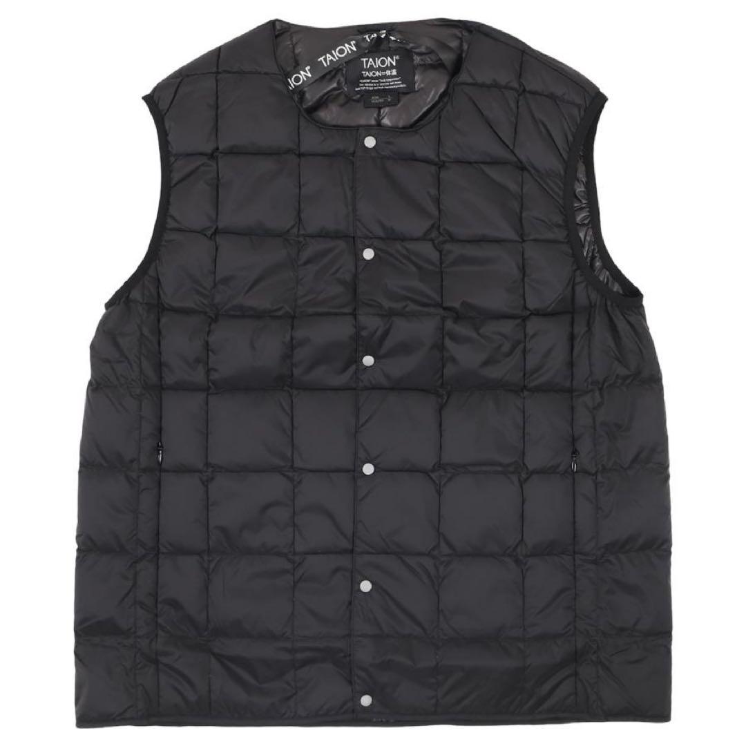 タイオンTAIONインナーダウンベストクルーネックボタン黒 TAION-004