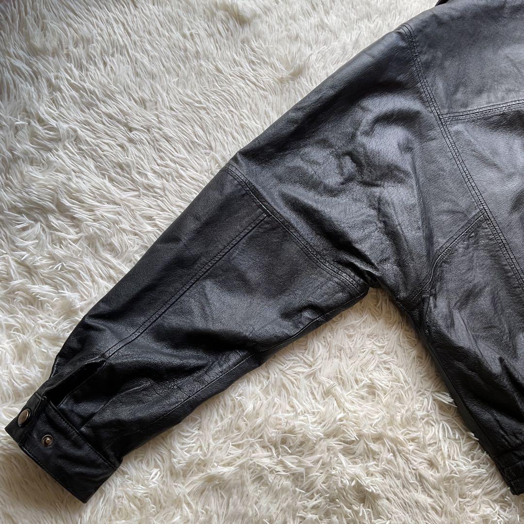 人気✨90's レザージャケット　本革　ボンバー　ブラック　襟付 大きい　L