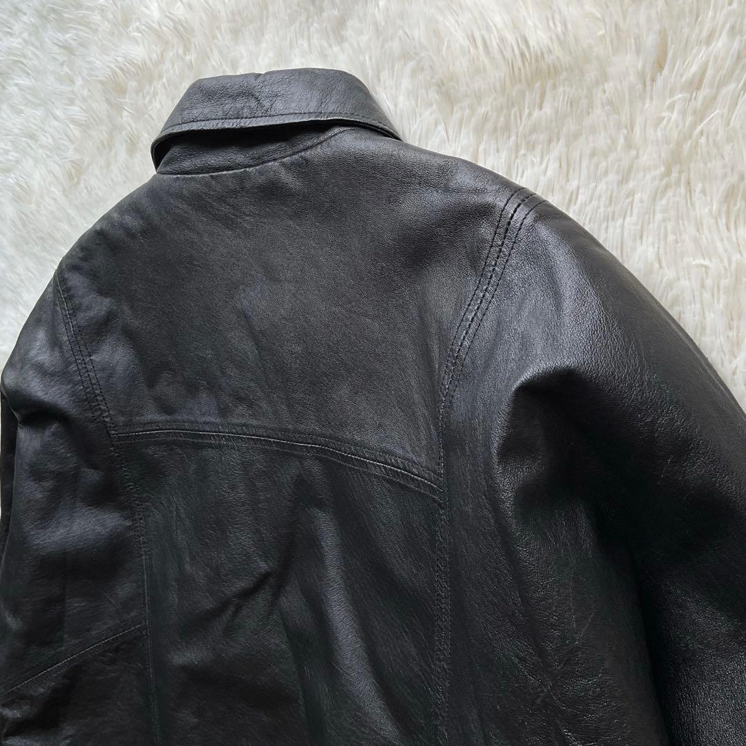 人気✨90's レザージャケット　本革　ボンバー　ブラック　襟付 大きい　L