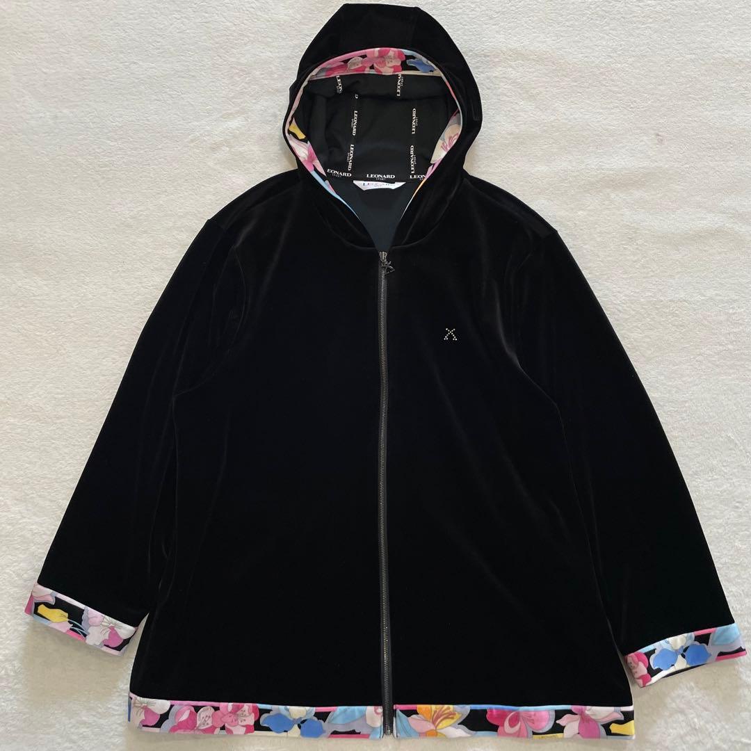 レオナール　パーカー　ベロア　花柄　近年モデル　トリム　ラインストーン　黒　3L