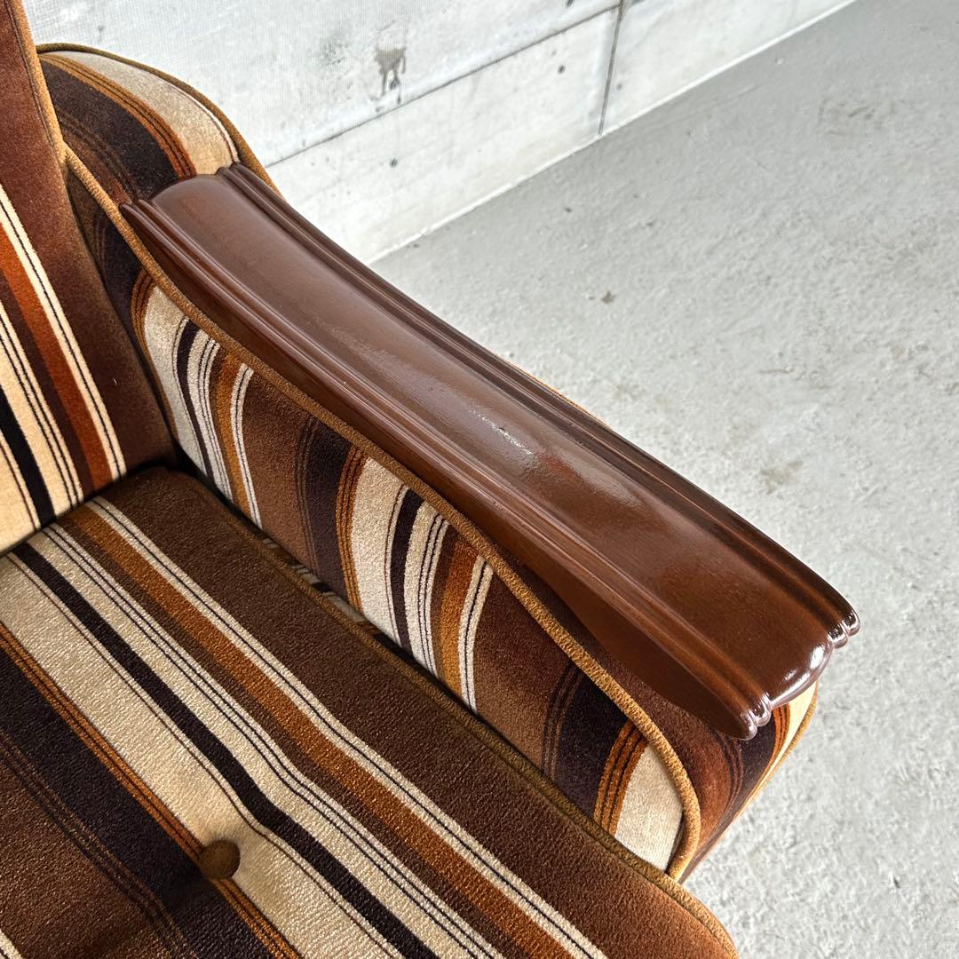 ★昭和レトロ★ 2人掛けソファ ストライプベロア 木肘 応接チェア 純喫茶風
