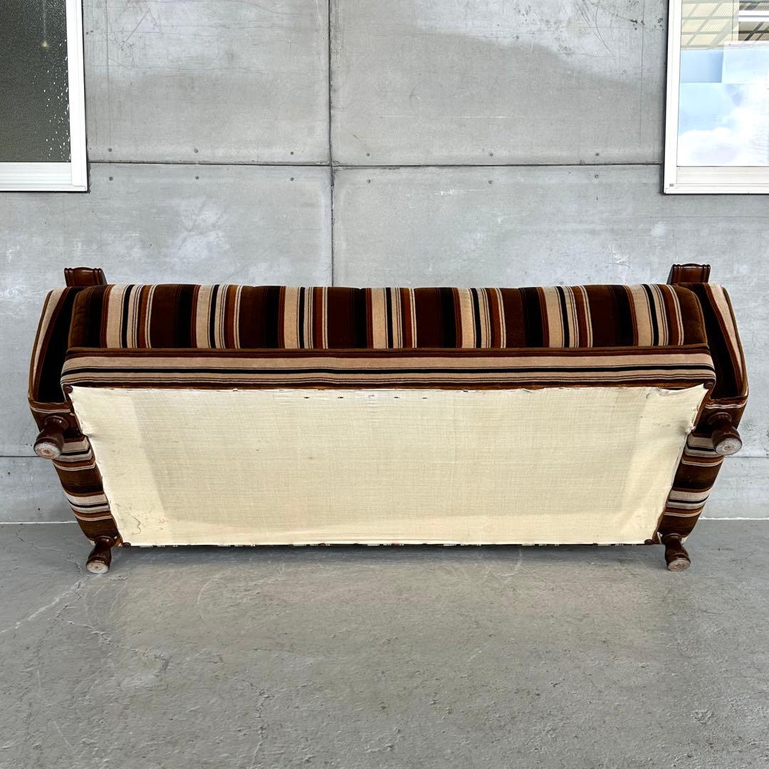 ★昭和レトロ★ 2人掛けソファ ストライプベロア 木肘 応接チェア 純喫茶風