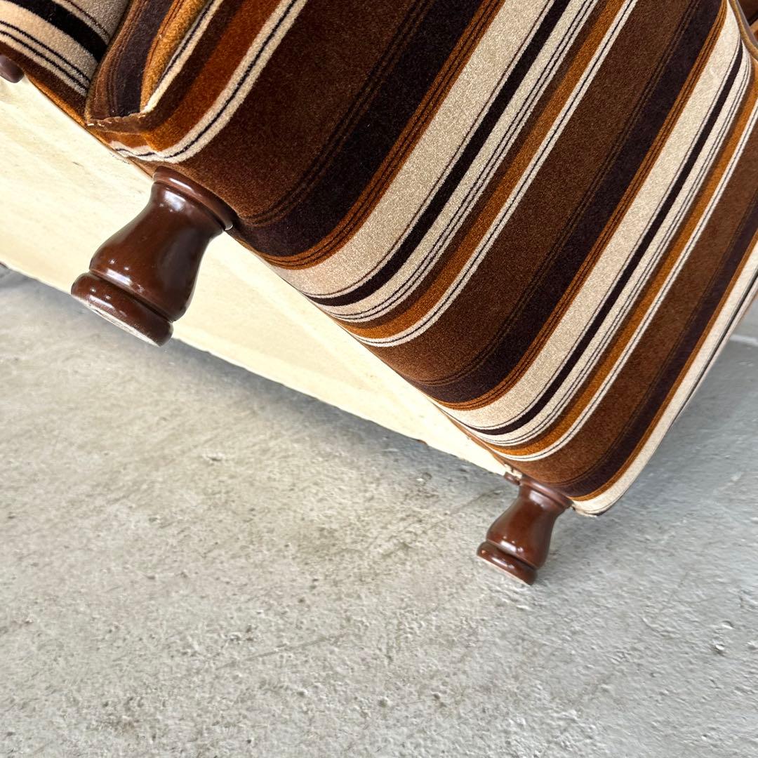 ★昭和レトロ★ 2人掛けソファ ストライプベロア 木肘 応接チェア 純喫茶風