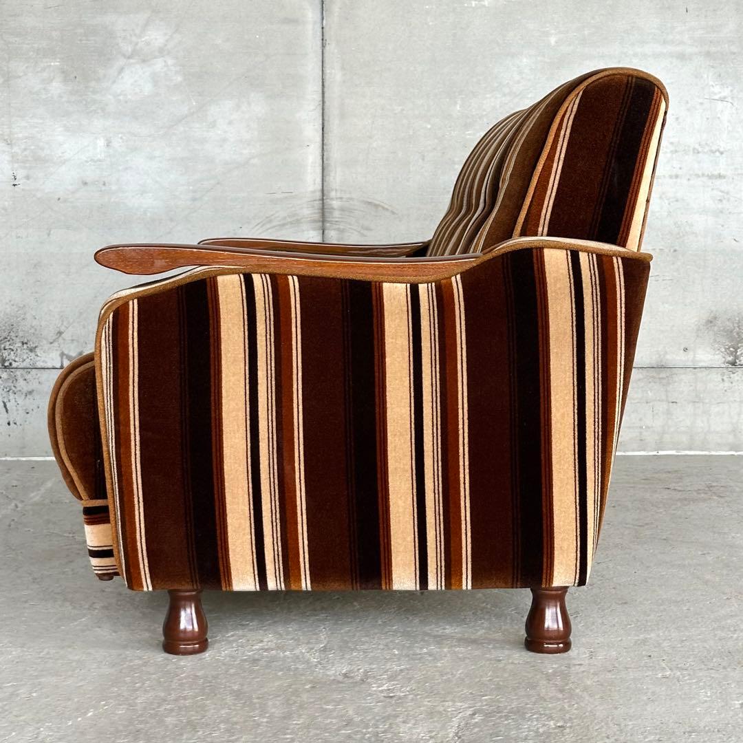 ★昭和レトロ★ 2人掛けソファ ストライプベロア 木肘 応接チェア 純喫茶風