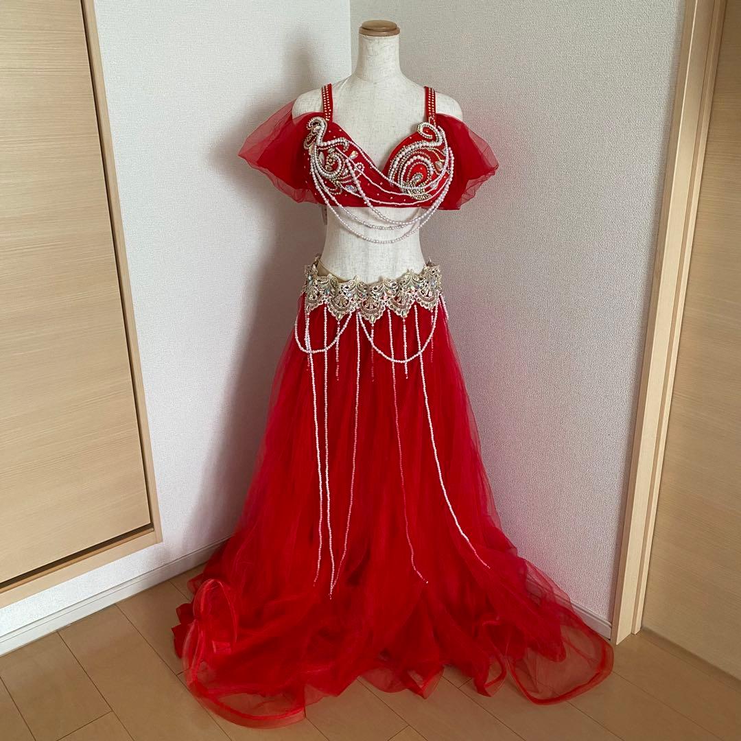 最大値引き！　ベリーダンス　衣装　赤　パール　XXL