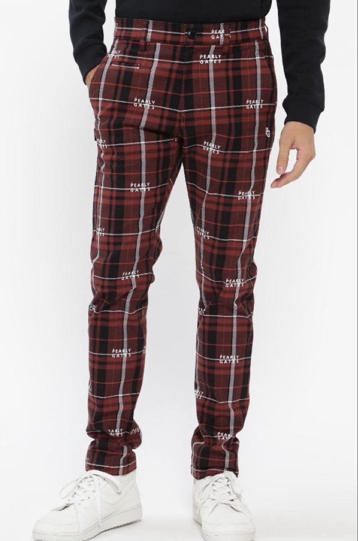 新品 パーリーゲイツ コットンストレッチカルゼチェックパンツ(5)サイズL/茶