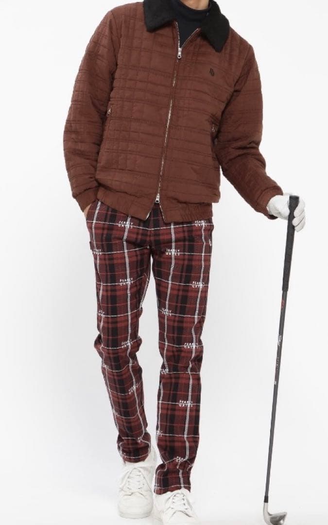 新品 パーリーゲイツ コットンストレッチカルゼチェックパンツ(5)サイズL/茶