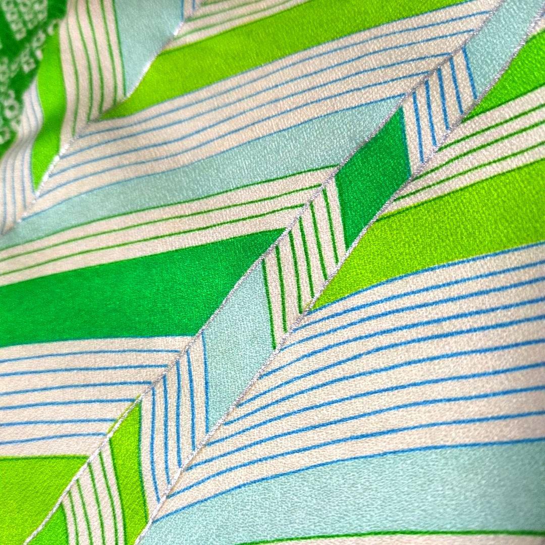 正絹 アイボリーに緑絞り 橙花 振袖リメイクV開きワンピ