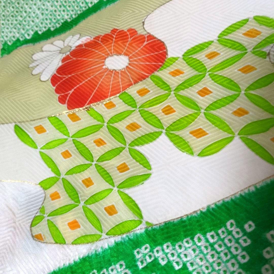 正絹 アイボリーに緑絞り 橙花 振袖リメイクV開きワンピ