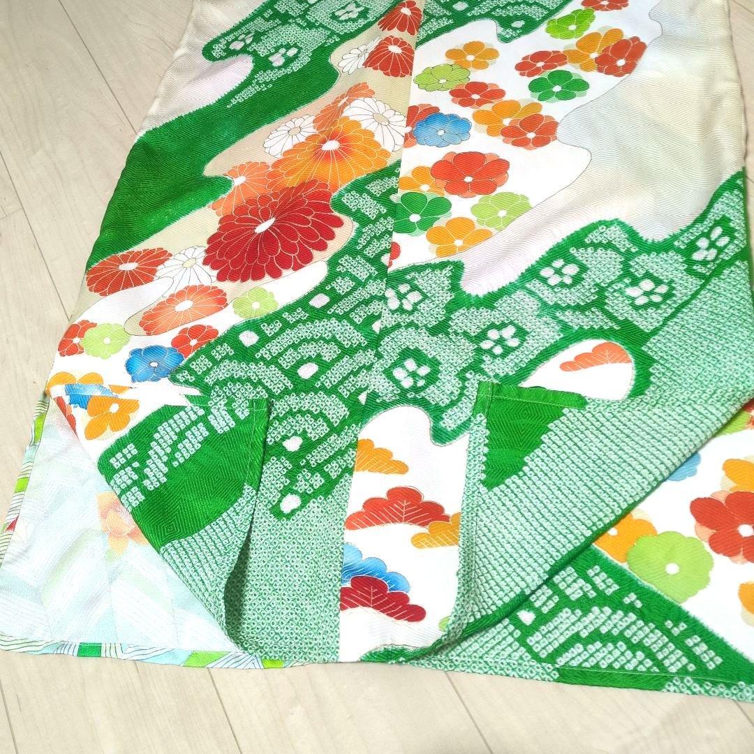 正絹 アイボリーに緑絞り 橙花 振袖リメイクV開きワンピ