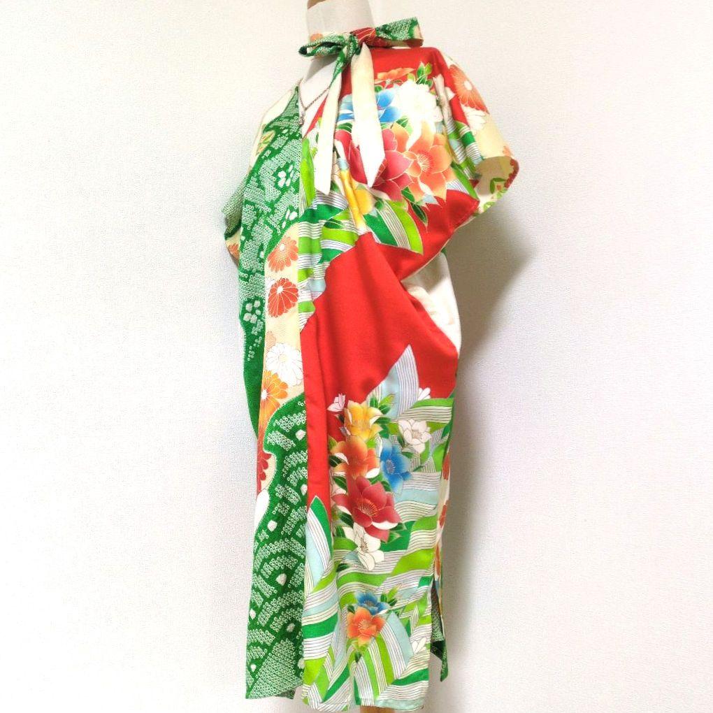 正絹 アイボリーに緑絞り 橙花 振袖リメイクV開きワンピ