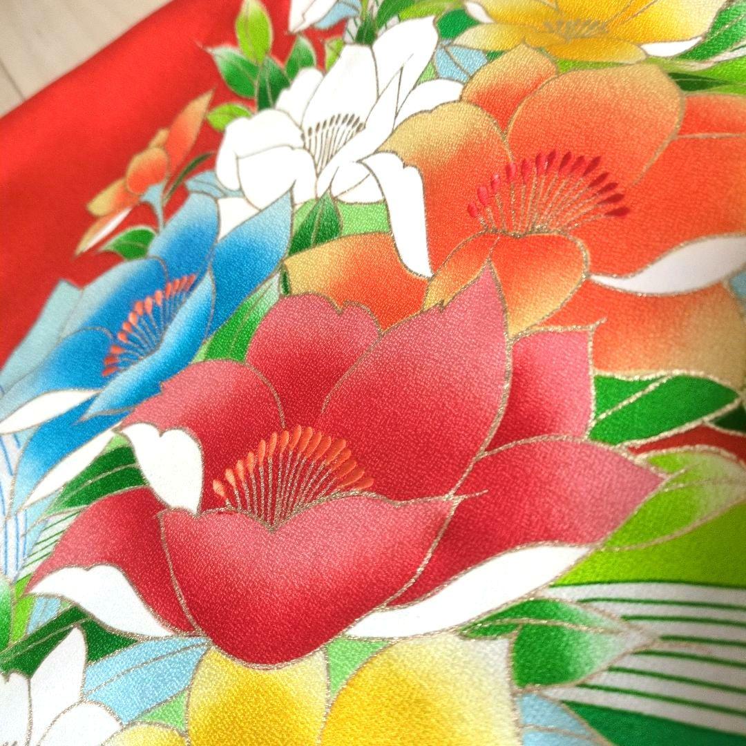 正絹 アイボリーに緑絞り 橙花 振袖リメイクV開きワンピ