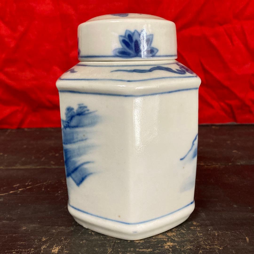 ①中国　染付　急須　水注　山水図　康熙年製銘②中国　染付　茶葉入　山水図　二点