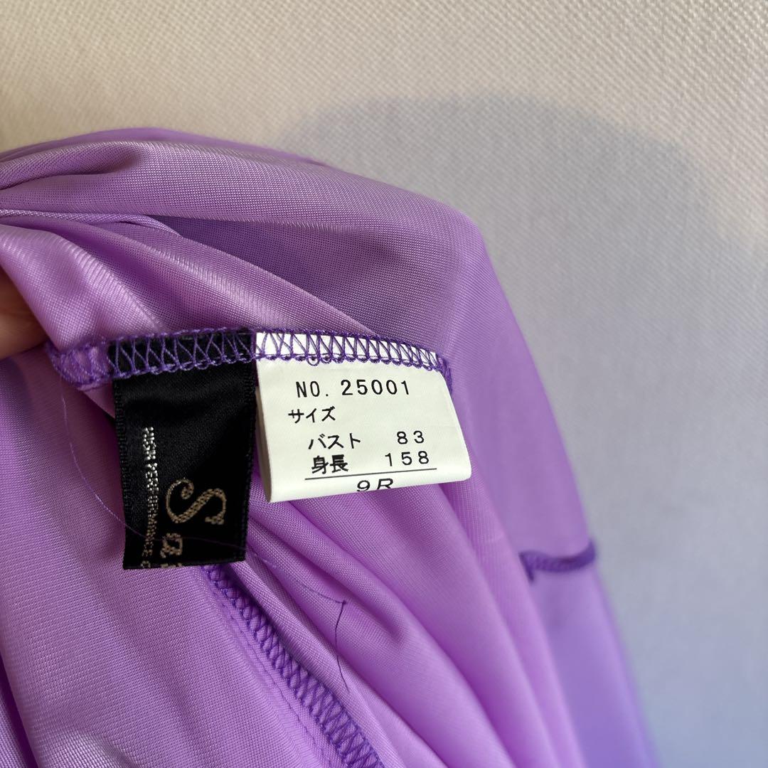 6020社交ダンス衣装【9】ワンピース　ロング丈紫　ストレッチ　シアー　裏地あり