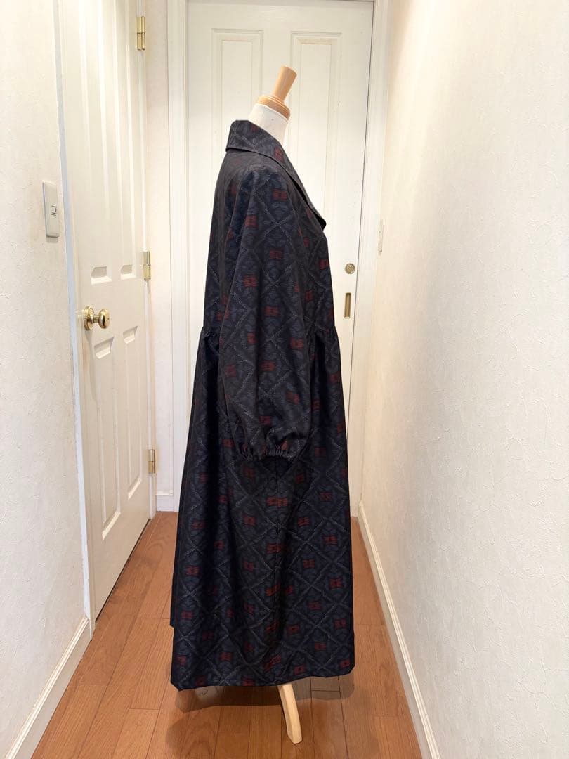 171 着物リメイクワンピース 正絹 本場大島紬 菱文 ウエストリボン付