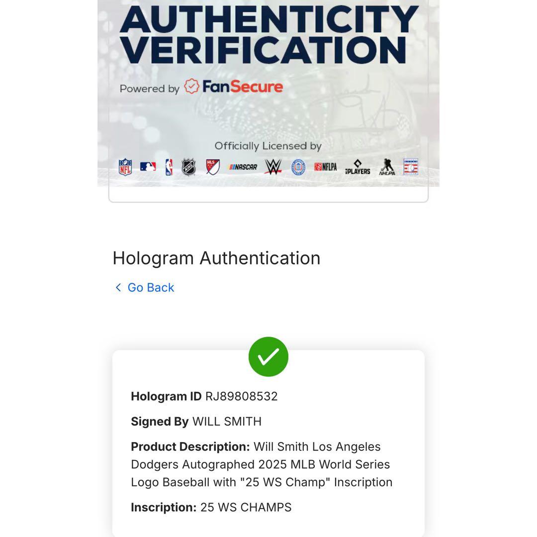 ウィル スミス 直筆サイン 25 WS Champs ボール MLB 証明付