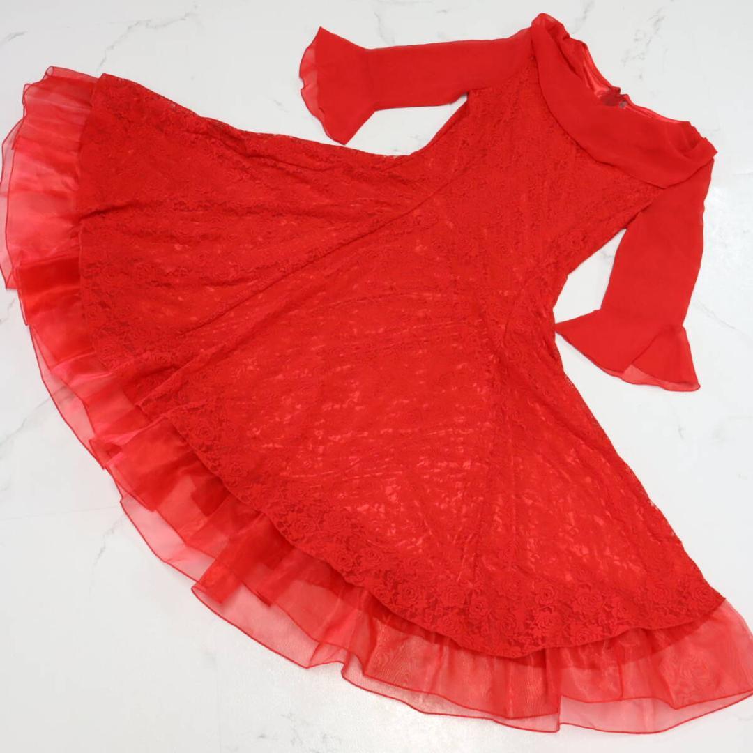 【美品 社交ダンス衣装】鮮やかオールレッド×レース地 ドレス スタンダード