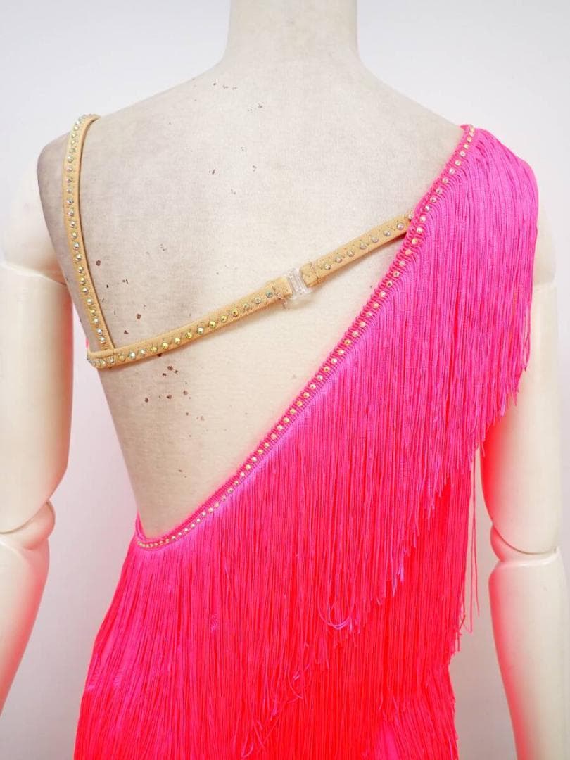 B1199★美品★蛍光ピンク/ネオン/フリンジ/ワンピ/ラテンドレス☆社交ダンス