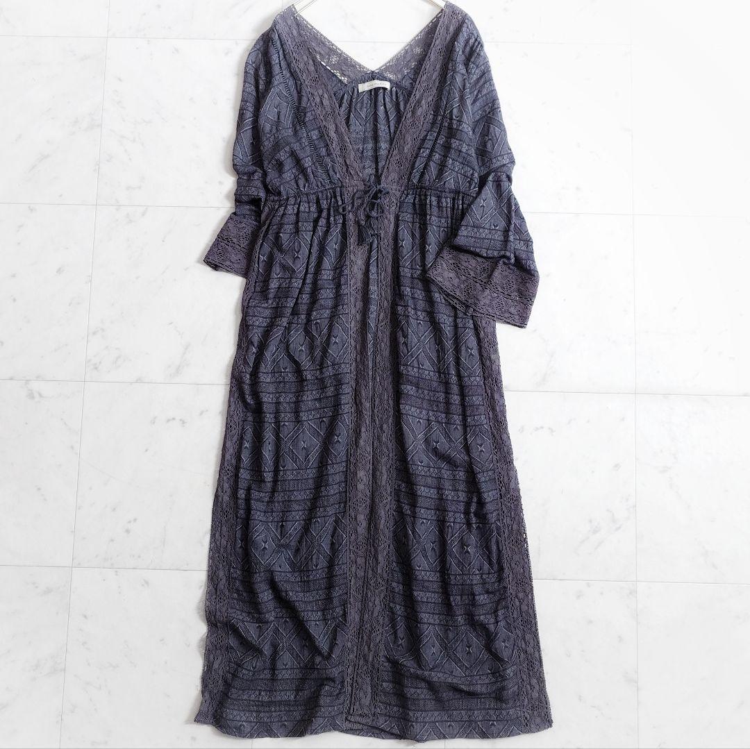 美品✨定価2.2万 サラマリカ コットンリネン 刺繍ガウンワンピース グレー